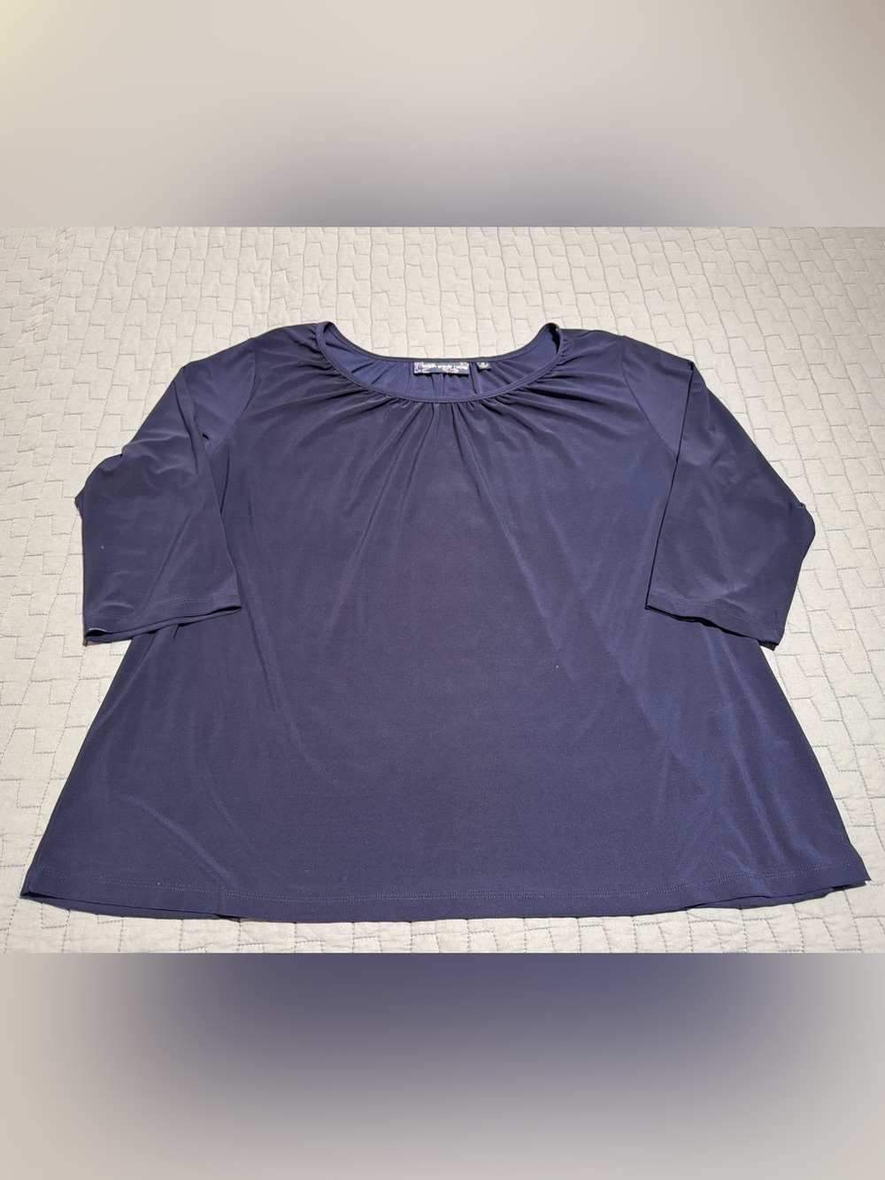 Susan Graver Navy 3/4 Sleeve Gathered Neck Tee